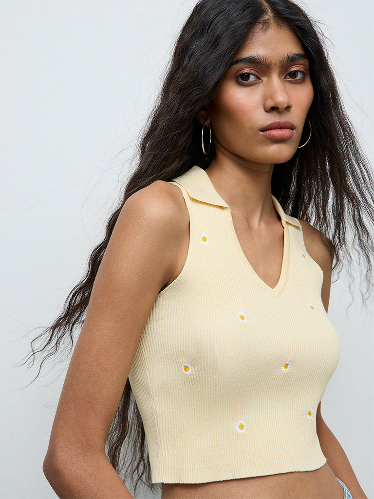 Nuon Light Yellow Floral Embroidered Top