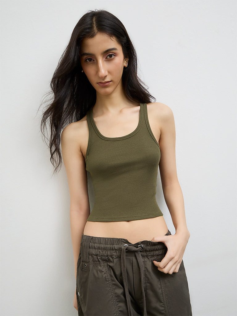 Nuon Olive Ribbed Cotton-Blend Top