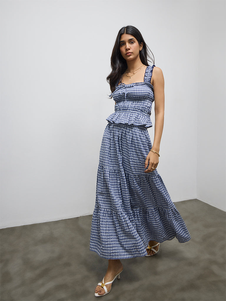 LOV Navy Checkered Cotton-Blend Top