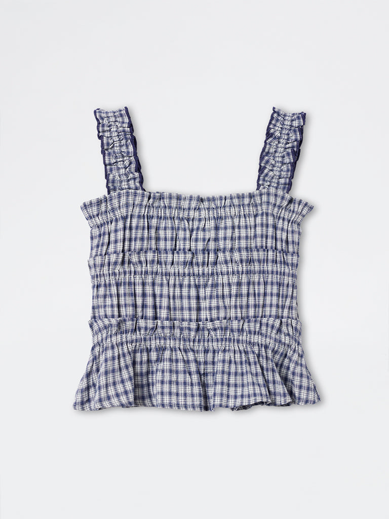 LOV Navy Checkered Cotton-Blend Top