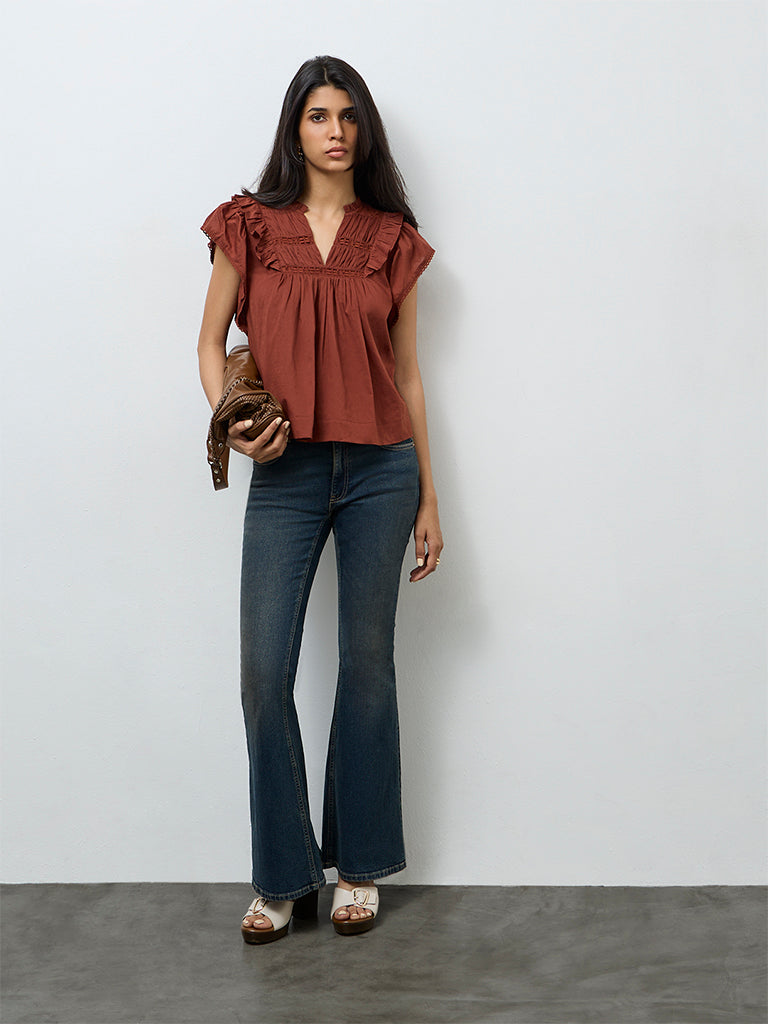 LOV Rust Ruffle-Detailed Cotton Top