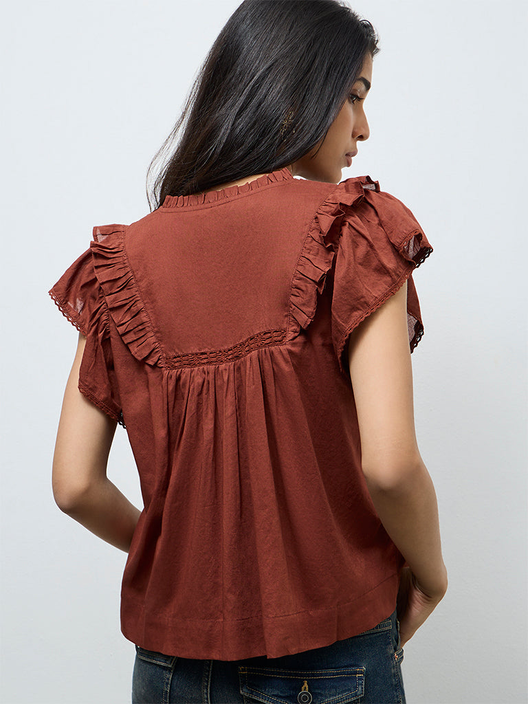 LOV Rust Ruffle-Detailed Cotton Top