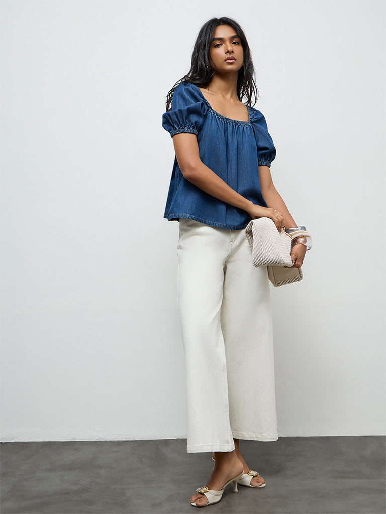 LOV Blue Solid Denim Top