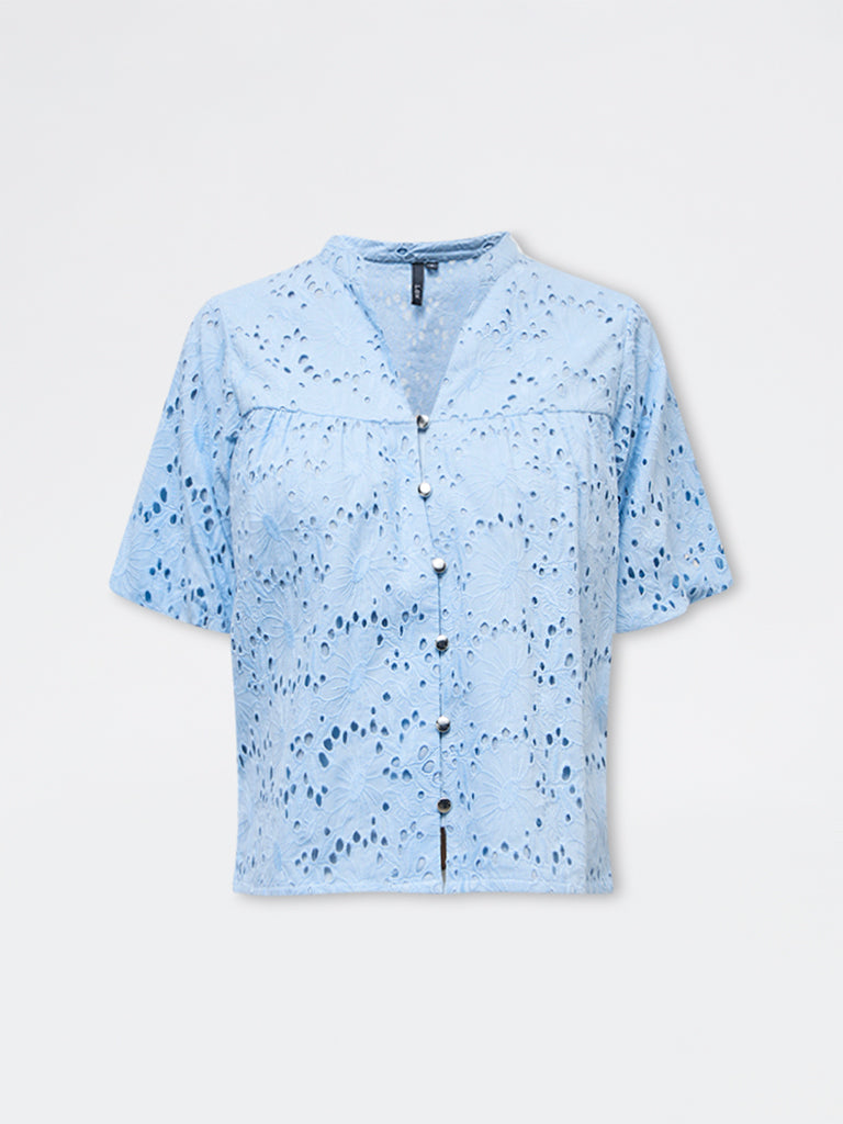 LOV Blue Schiffli Embroidered Cotton Blouse