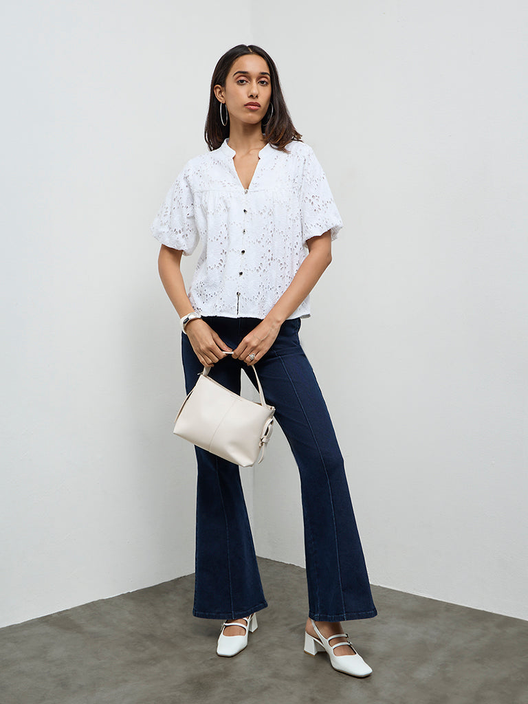 LOV White Schiffli Embroidered Cotton Blouse