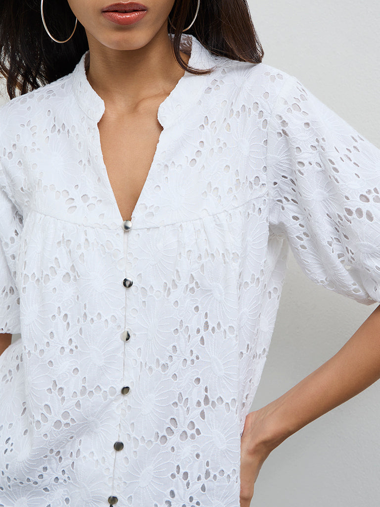 LOV White Schiffli Embroidered Cotton Blouse