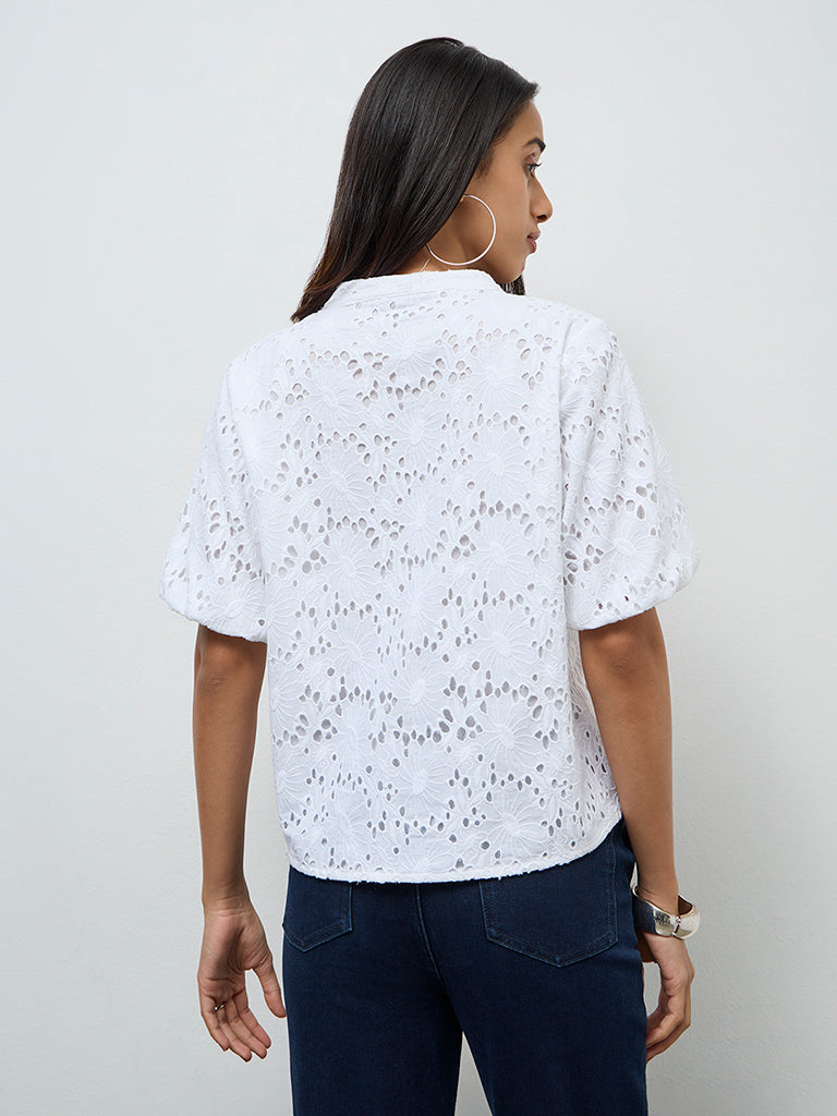 LOV White Schiffli Embroidered Cotton Blouse