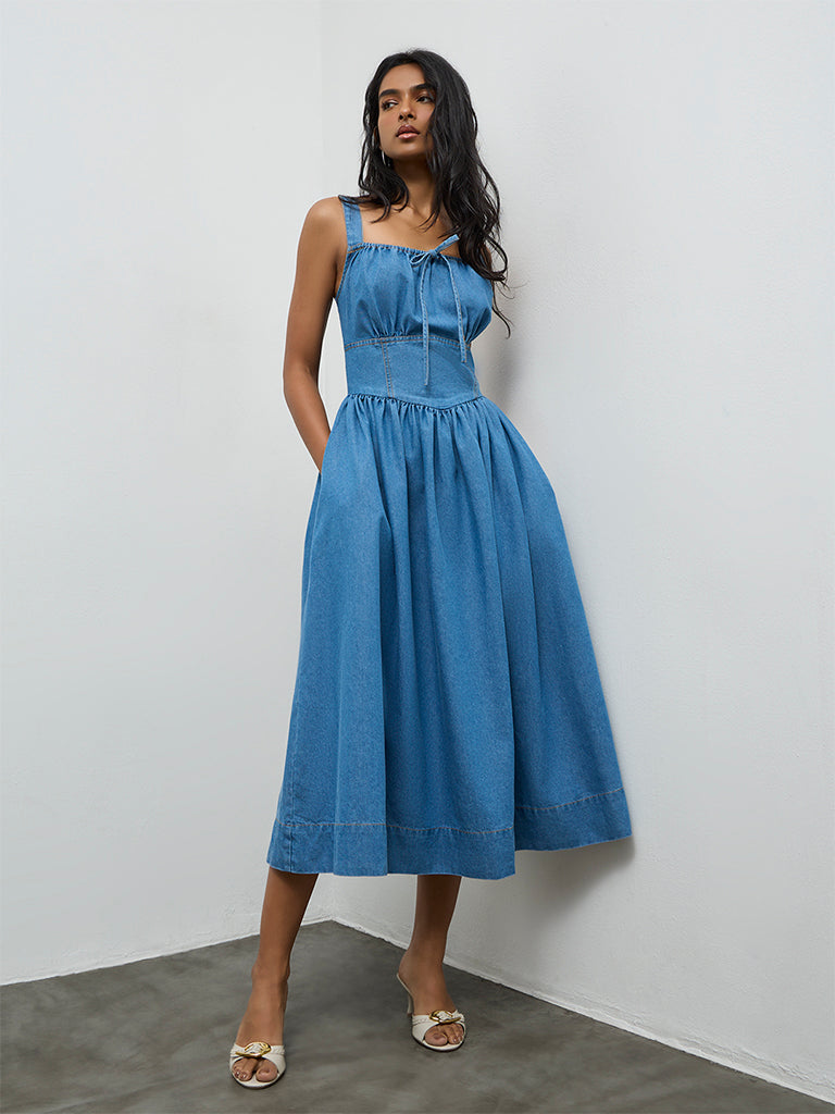 LOV Blue Solid Denim A-Line Dress