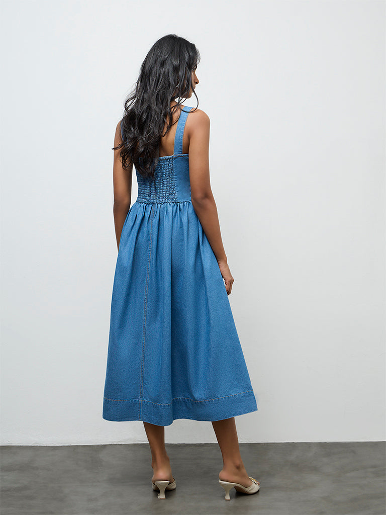 LOV Blue Solid Denim A-Line Dress