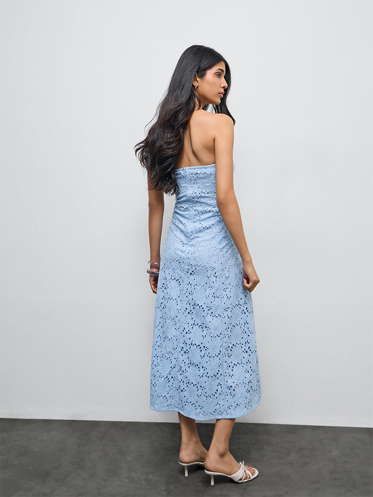 LOV Blue Schiffli Embroidered Off-Shoulder Cotton A-Line Dress