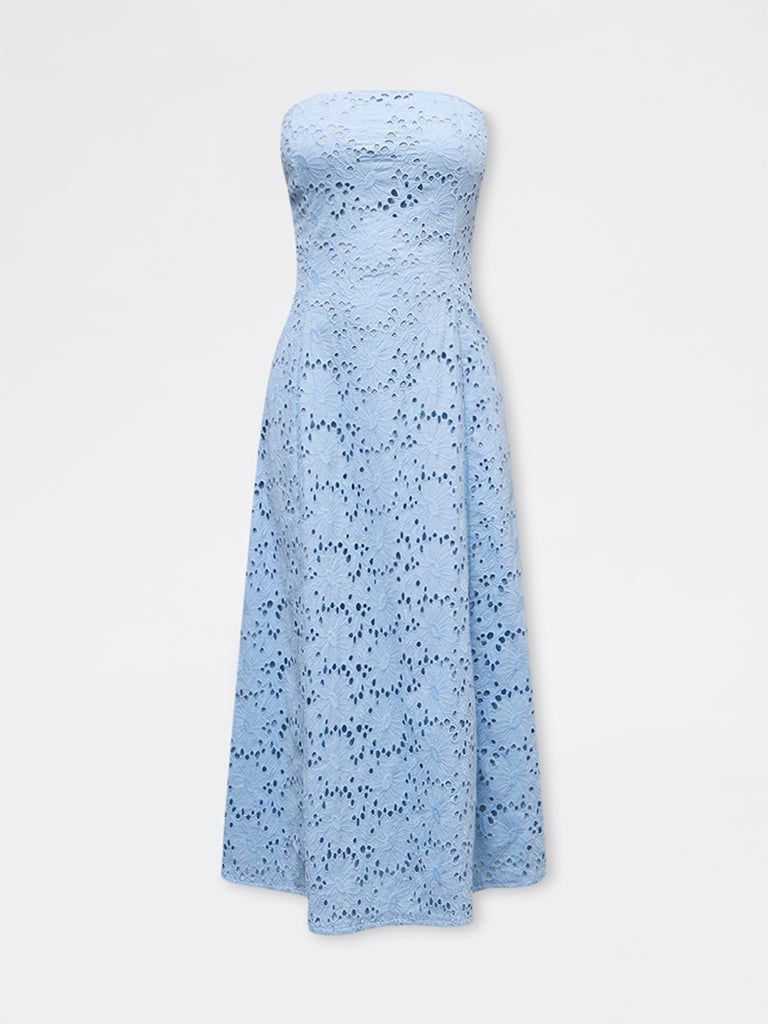 LOV Blue Schiffli Embroidered Off-Shoulder Cotton A-Line Dress