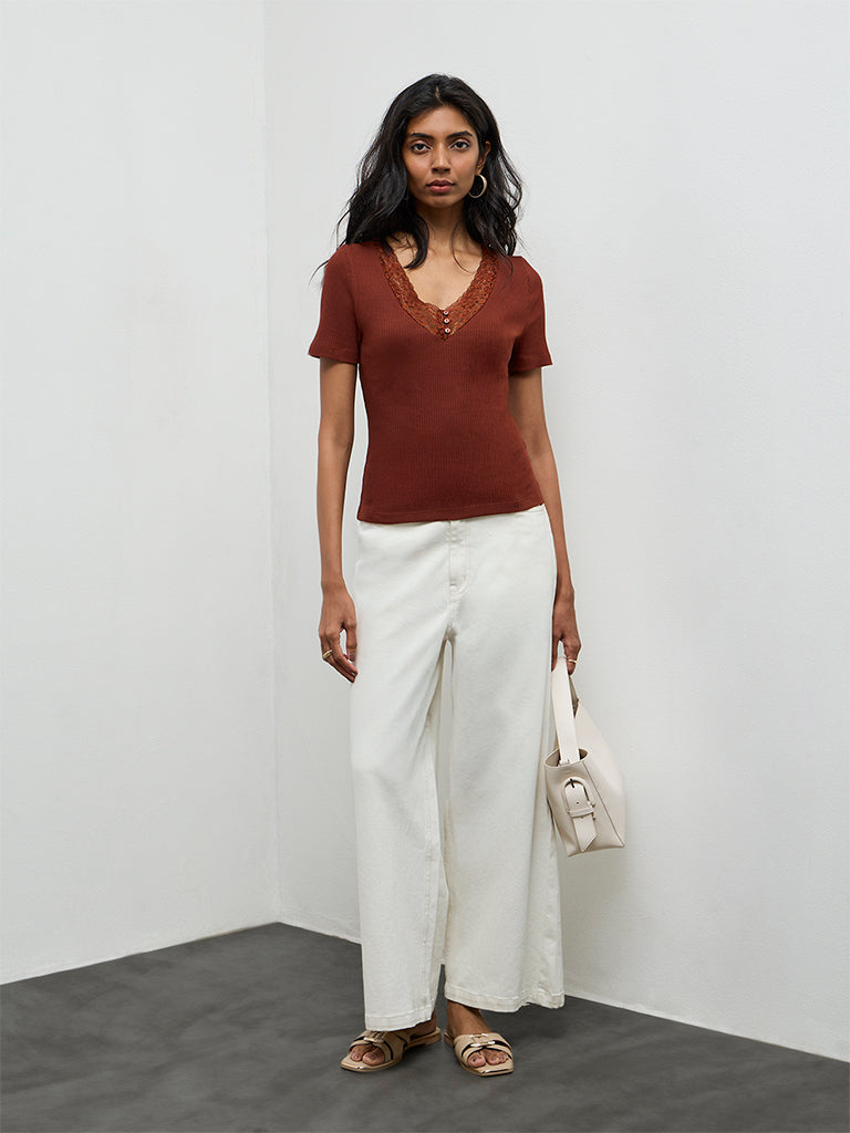 LOV Rust Lace-Detailed Cotton-Blend Top