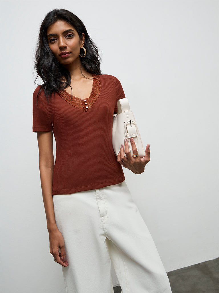 LOV Rust Lace-Detailed Cotton-Blend Top