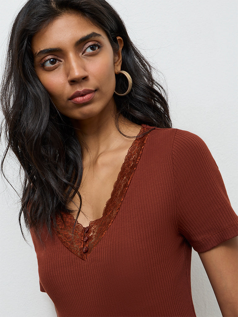 LOV Rust Lace-Detailed Cotton-Blend Top
