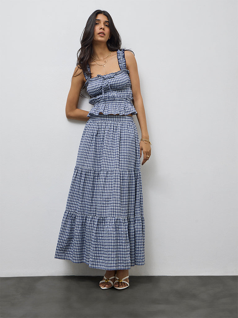 LOV Navy Checkered High-Rise Cotton-Blend Skirt