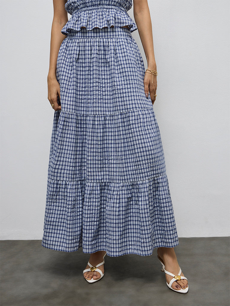 LOV Navy Checkered High-Rise Cotton-Blend Skirt