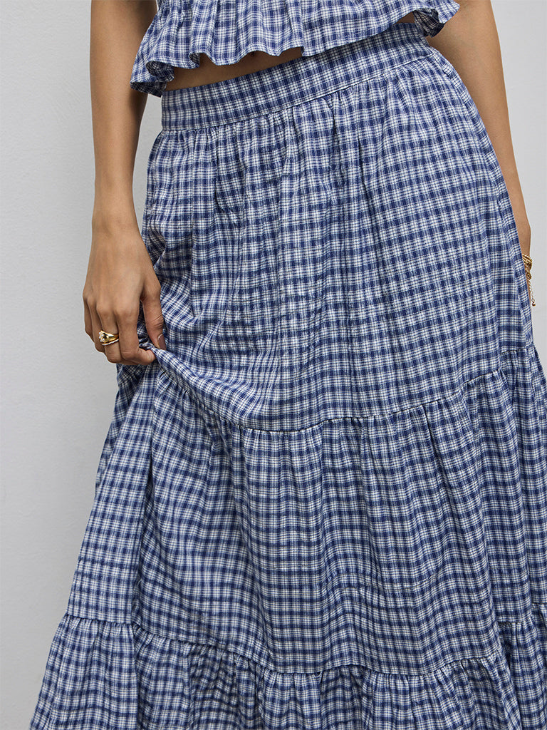 LOV Navy Checkered High-Rise Cotton-Blend Skirt