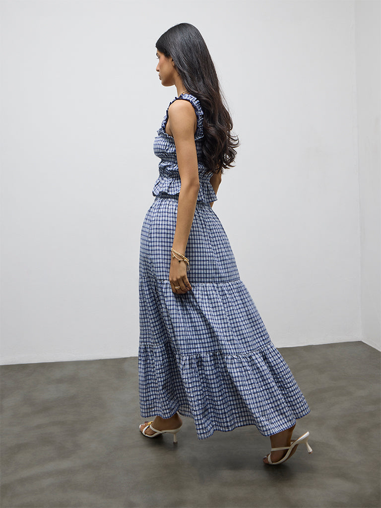 LOV Navy Checkered High-Rise Cotton-Blend Skirt
