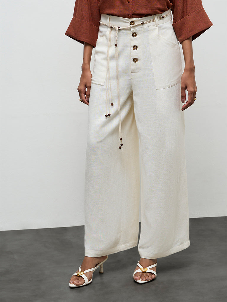 LOV Off-White High-Rise Linen Trousers with Belt