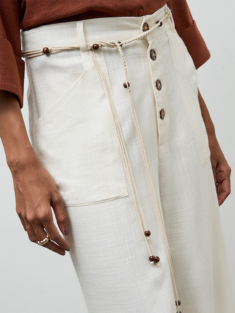 LOV Off-White High-Rise Linen Trousers with Belt