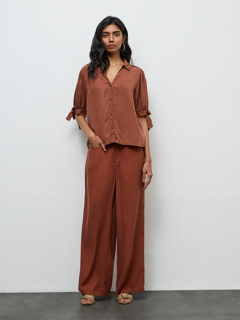 LOV Rust Knot-Detailed High-Rise Denim Trousers