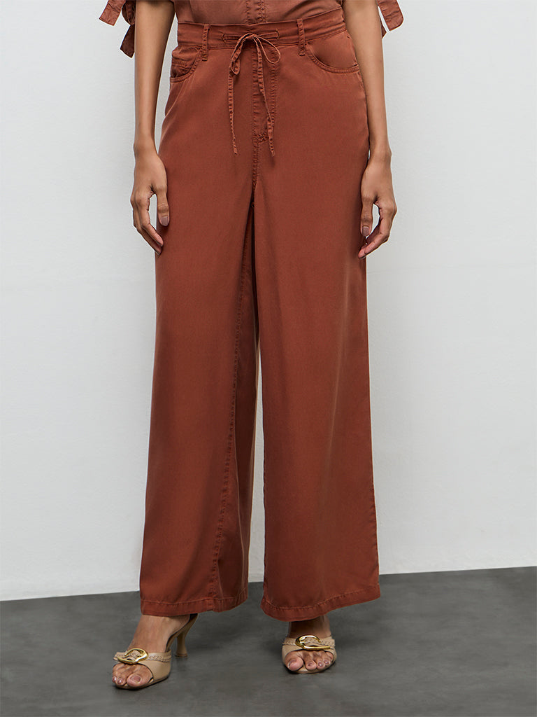 LOV Rust Knot-Detailed High-Rise Denim Trousers