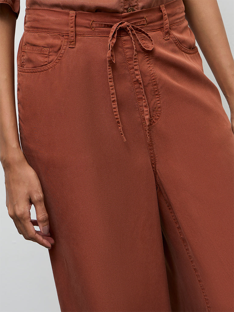 LOV Rust Knot-Detailed High-Rise Denim Trousers