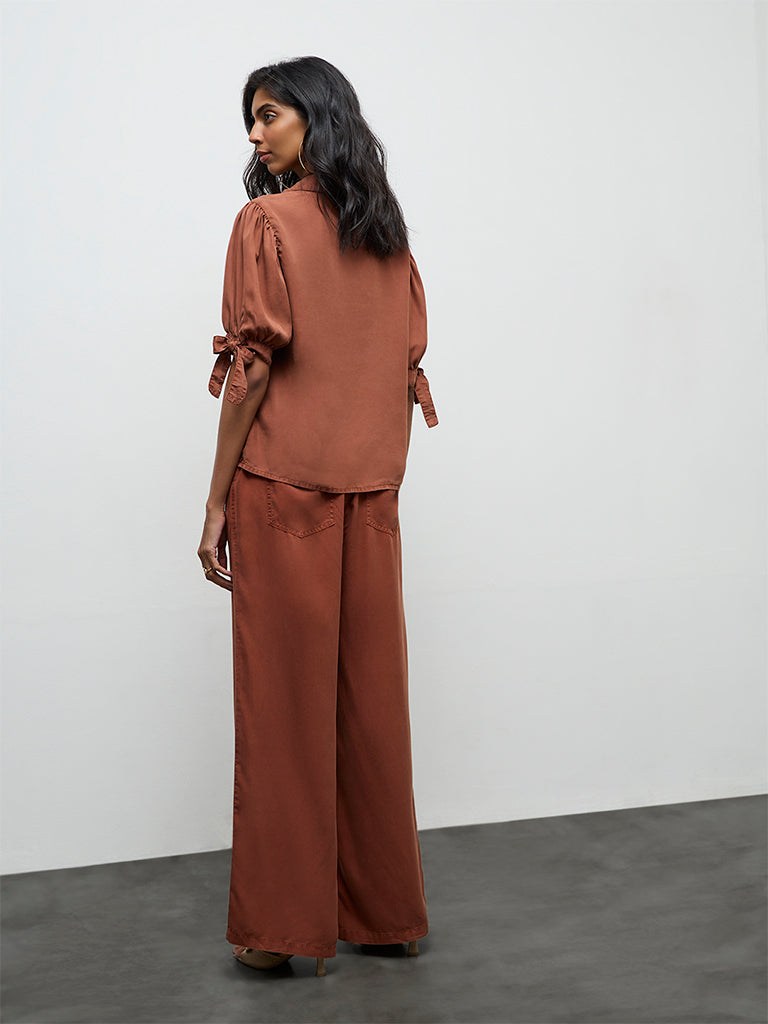 LOV Rust Knot-Detailed High-Rise Denim Trousers