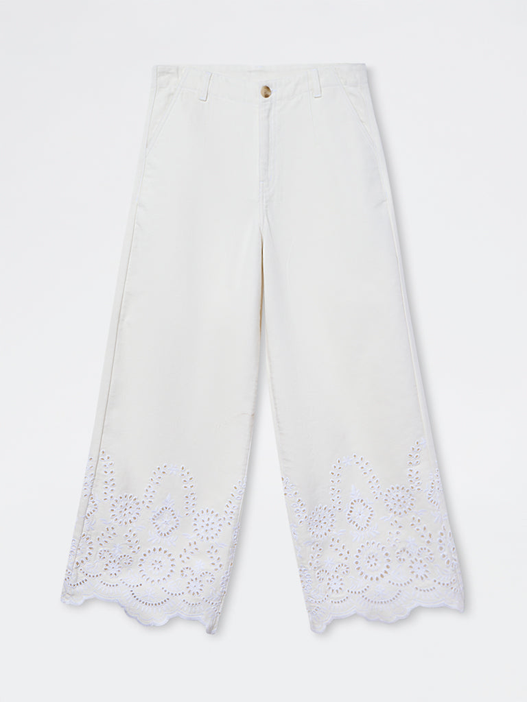 LOV Off-White Schiffli Embroidered High-Rise Cotton Pants