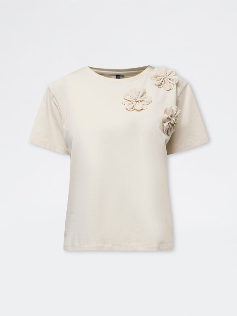 LOV Beige Floral Applique Cotton-Blend T-Shirt