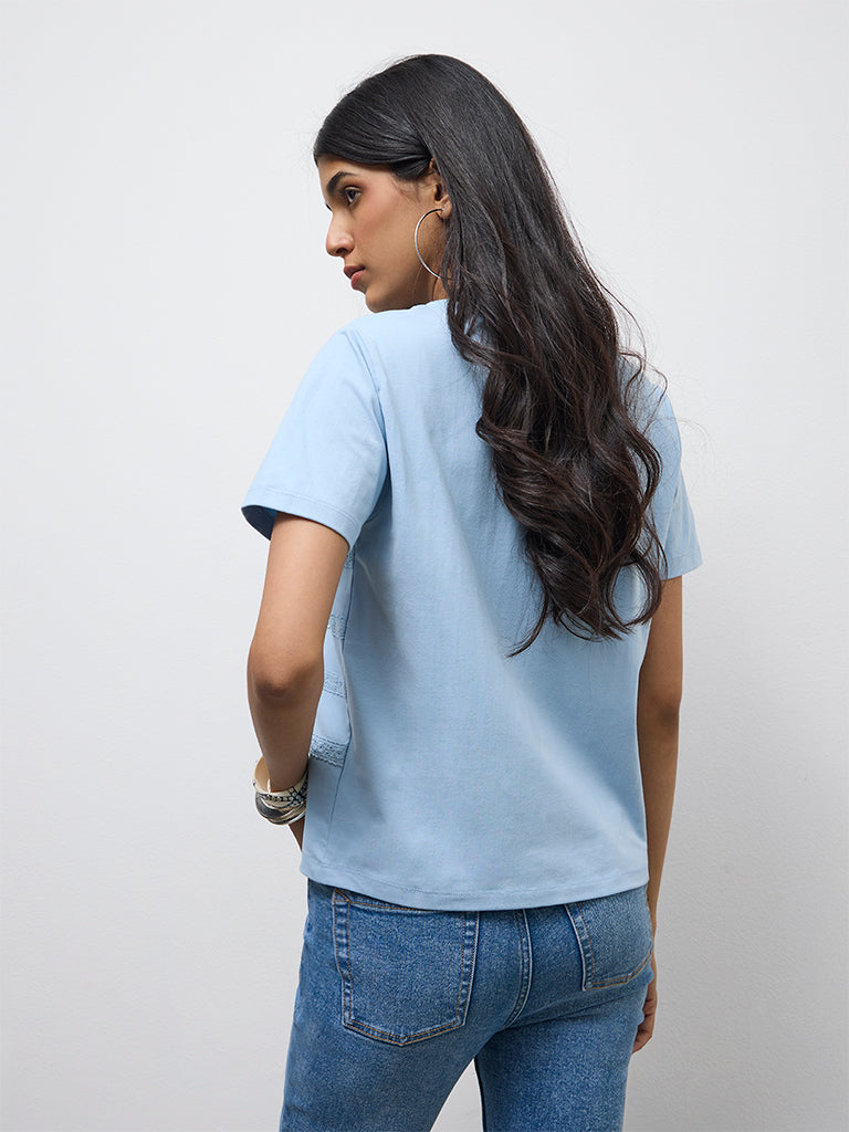 LOV Blue Lace Embroidered Cotton-Blend T-Shirt