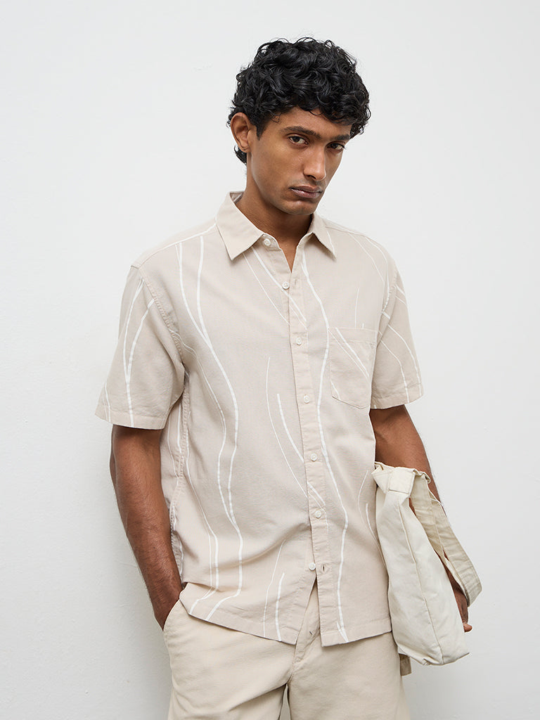 WES Casuals Beige Abstract Relaxed-Fit Cotton-Blend Shirt