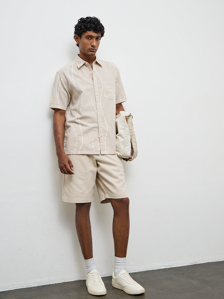 WES Casuals Beige Abstract Relaxed-Fit Cotton-Blend Shirt
