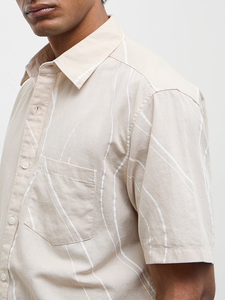 WES Casuals Beige Abstract Relaxed-Fit Cotton-Blend Shirt