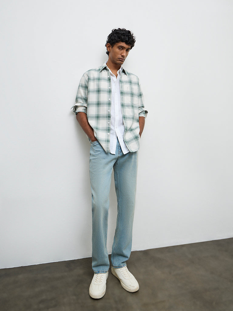 WES Casuals Green Checkered Relaxed-Fit Cotton-Blend Shirt
