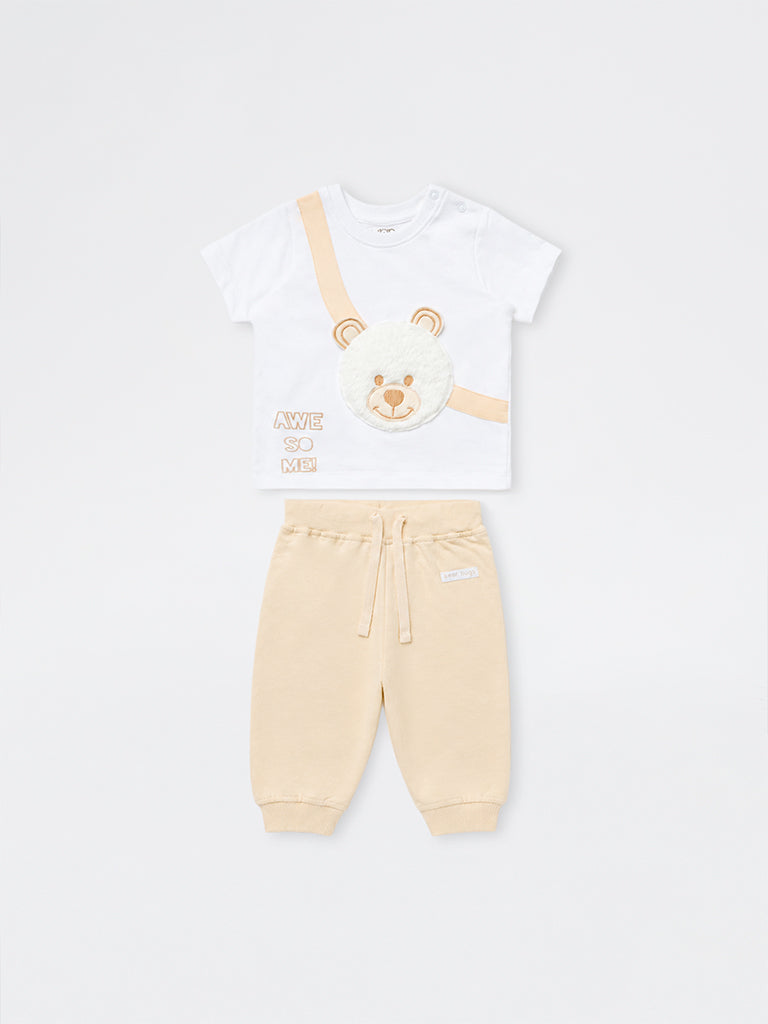 HOP Baby Boys White Bear Design Cotton T-Shirt and Pants Set