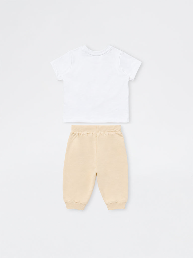 HOP Baby Boys White Bear Design Cotton T-Shirt and Pants Set