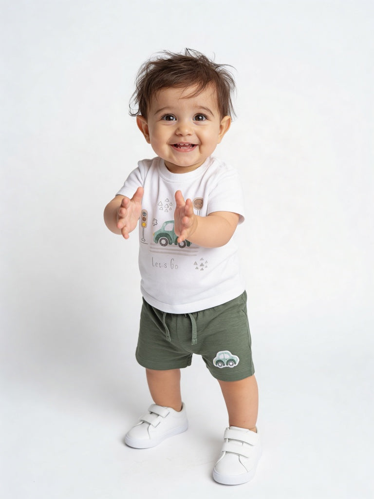 HOP Baby Boys White Printed Cotton T-Shirt and Shorts Set