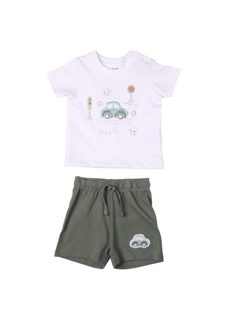 HOP Baby Boys White Printed Cotton T-Shirt and Shorts Set