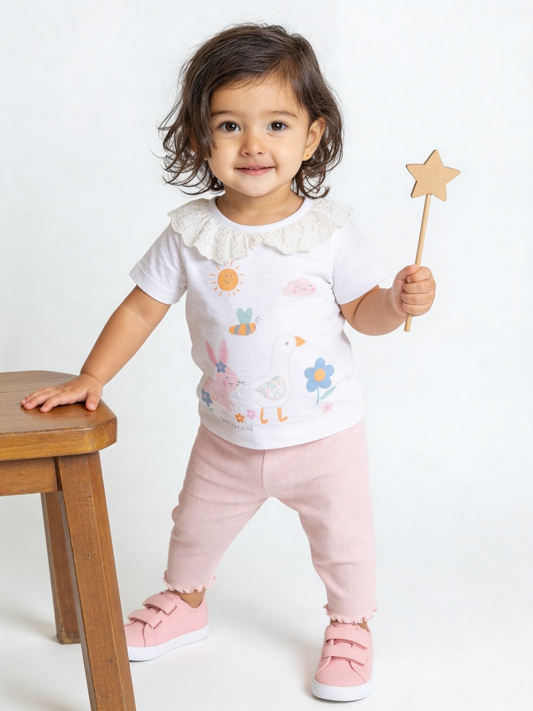 HOP Baby Girls White Printed Cotton Top and Pants Set