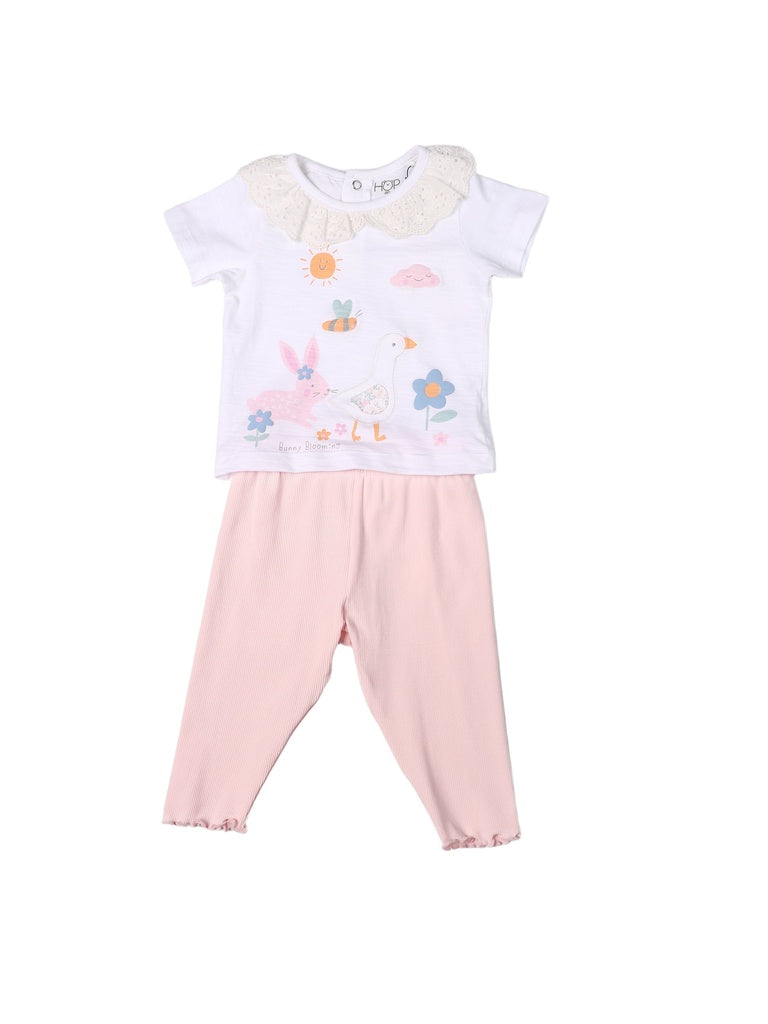 HOP Baby Girls White Printed Cotton Top and Pants Set