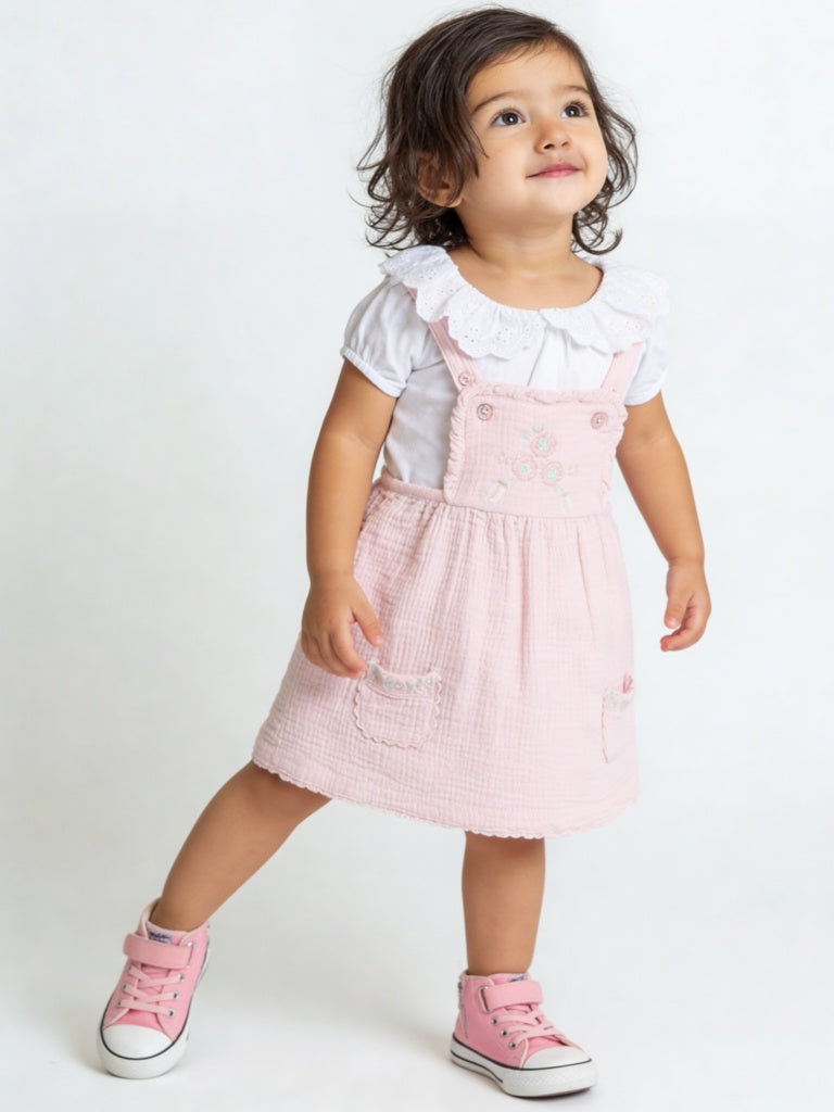 HOP Baby Girls Pink Floral Cotton Pinafore with T-Shirt Set
