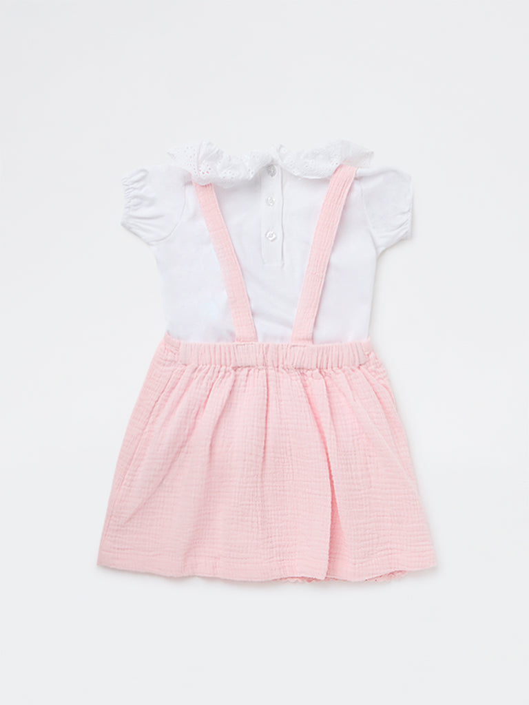 HOP Baby Girls Pink Floral Cotton Pinafore with T-Shirt Set