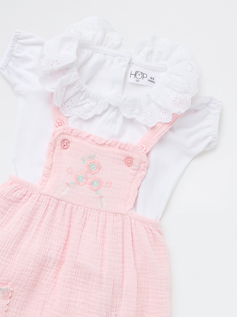 HOP Baby Girls Pink Floral Cotton Pinafore with T-Shirt Set