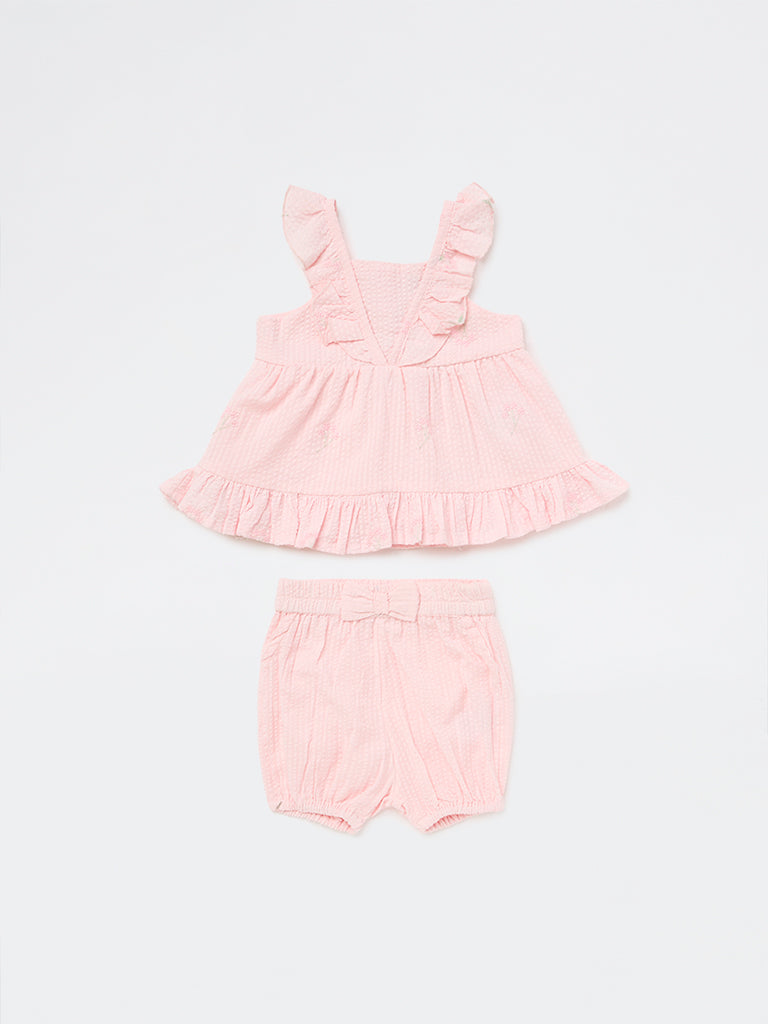 HOP Baby Girls Pink Textured A-Line Cotton Dress with Shorts Set