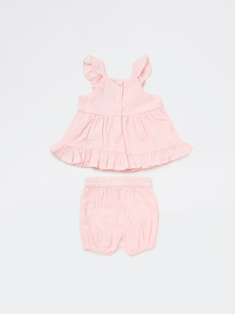 HOP Baby Girls Pink Textured A-Line Cotton Dress with Shorts Set