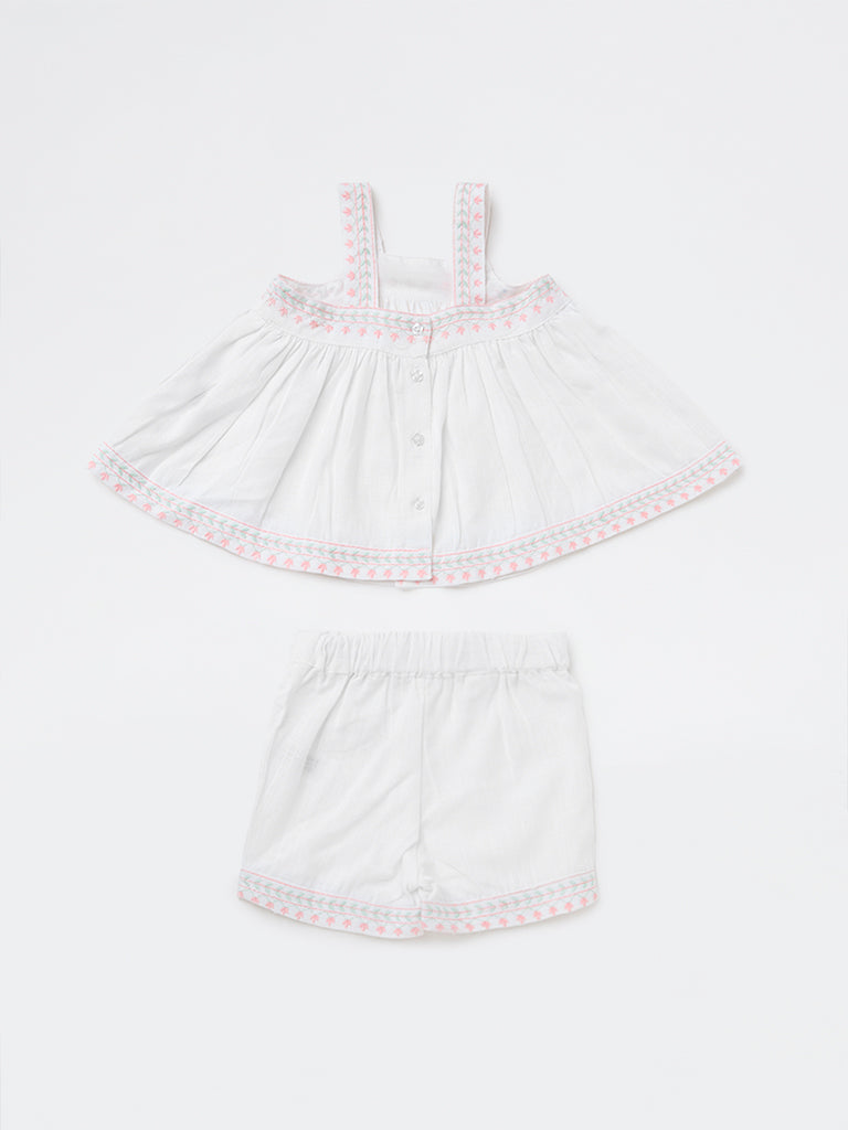 HOP Baby Girls White Floral Embroidered Top and Shorts Set