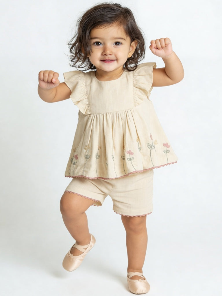 HOP Baby Girls Beige Embroidered A-Line Dress with Shorts Set