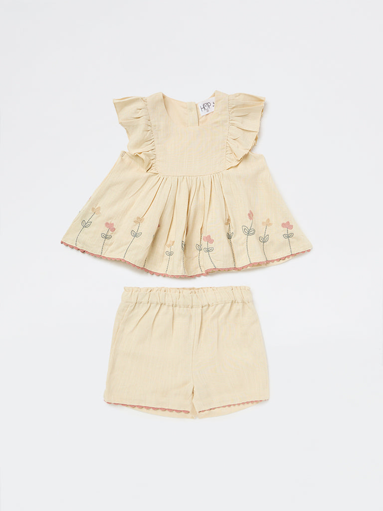 HOP Baby Girls Beige Embroidered A-Line Dress with Shorts Set