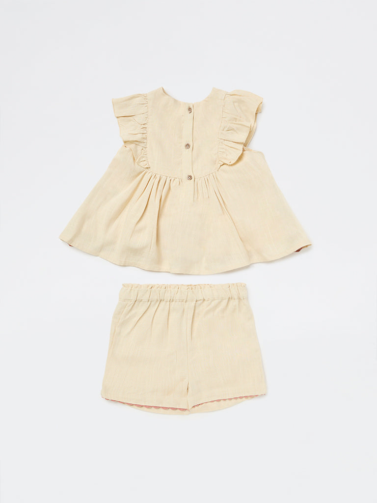 HOP Baby Girls Beige Embroidered A-Line Dress with Shorts Set